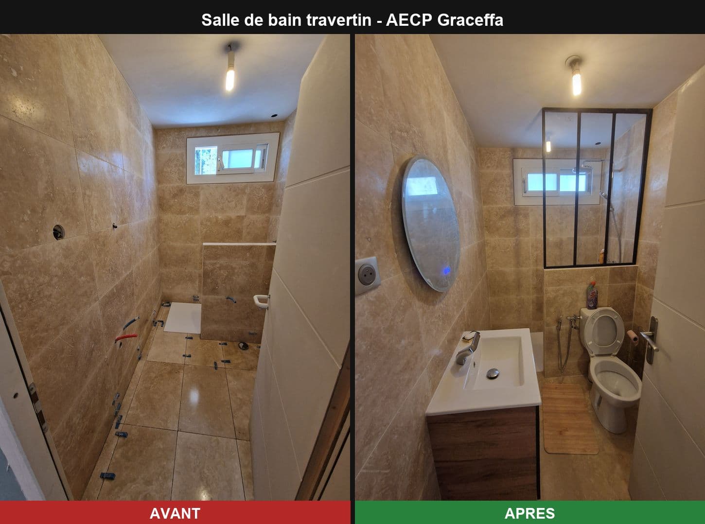 Salle de bain travertin — avant / après
